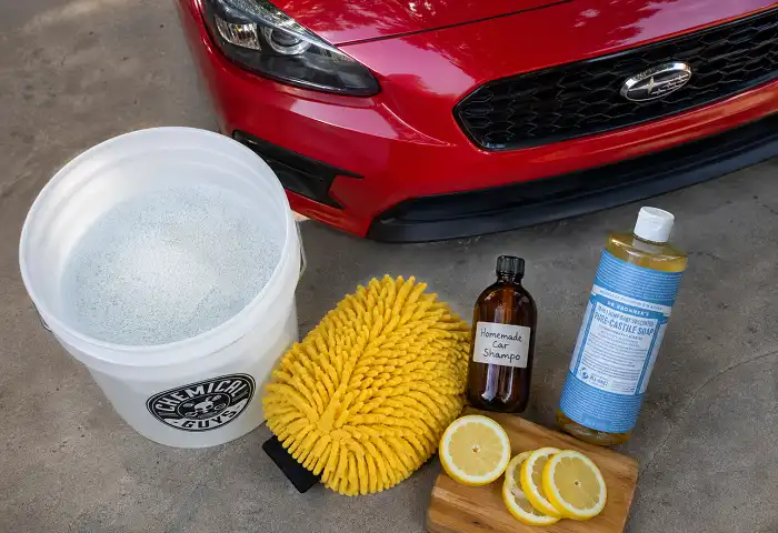 car shampoo homemade ingredients flat lay