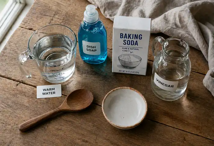 DIY car wash soap ingredients laid flat on wooden table