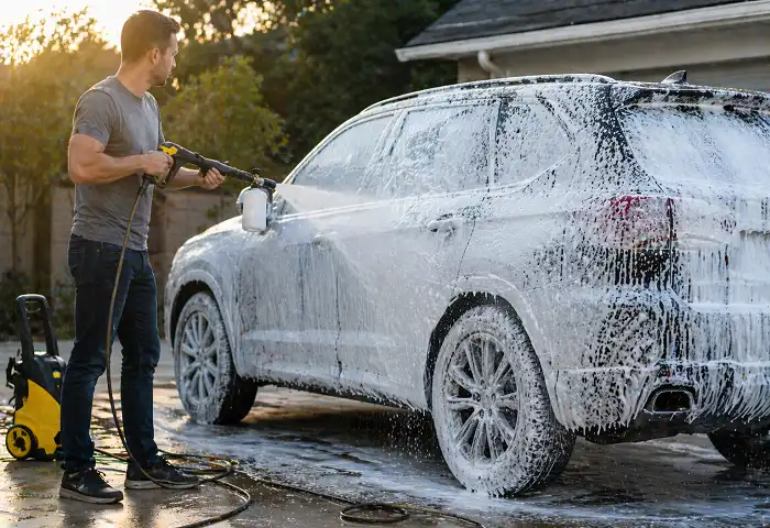 man applying snow foam pressure washer to black SUV