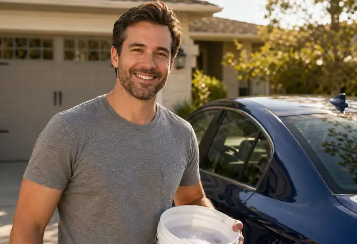 man washing car at home with homemade soap