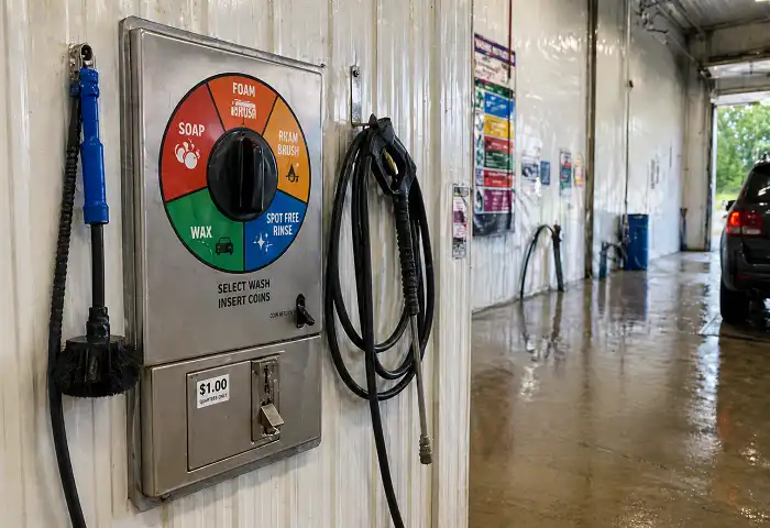 Inside view of self serve car wash bay equipment