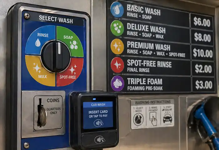 self service car wash price board coins