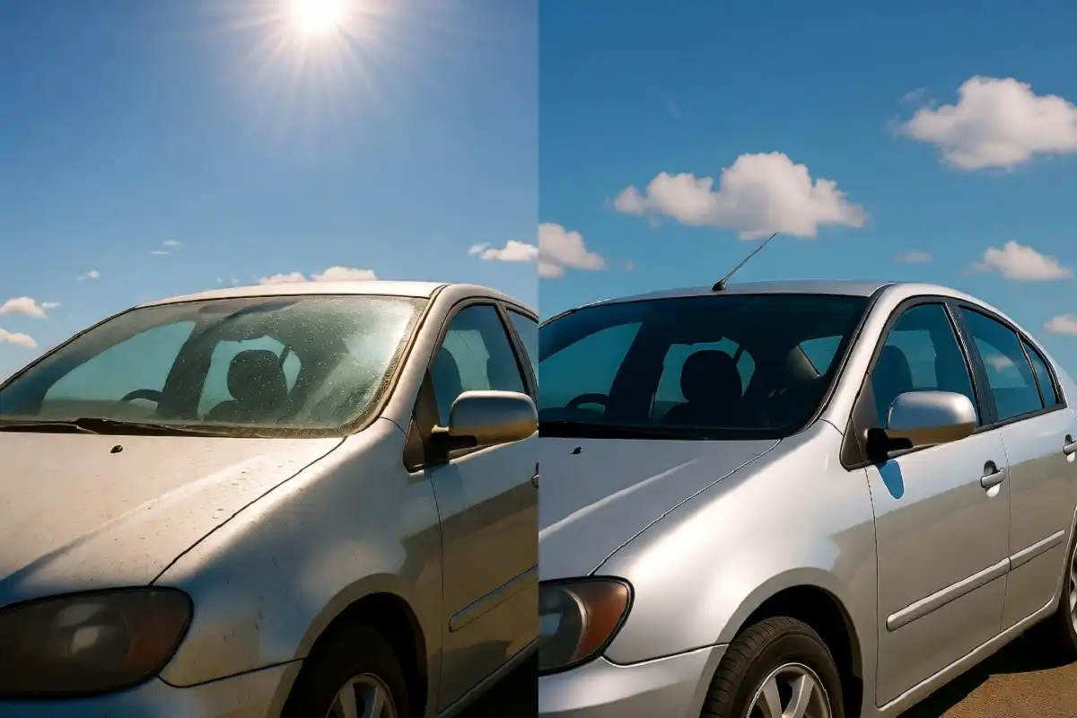 Before and after result of using a complete car cleaning kit on a silver sedan