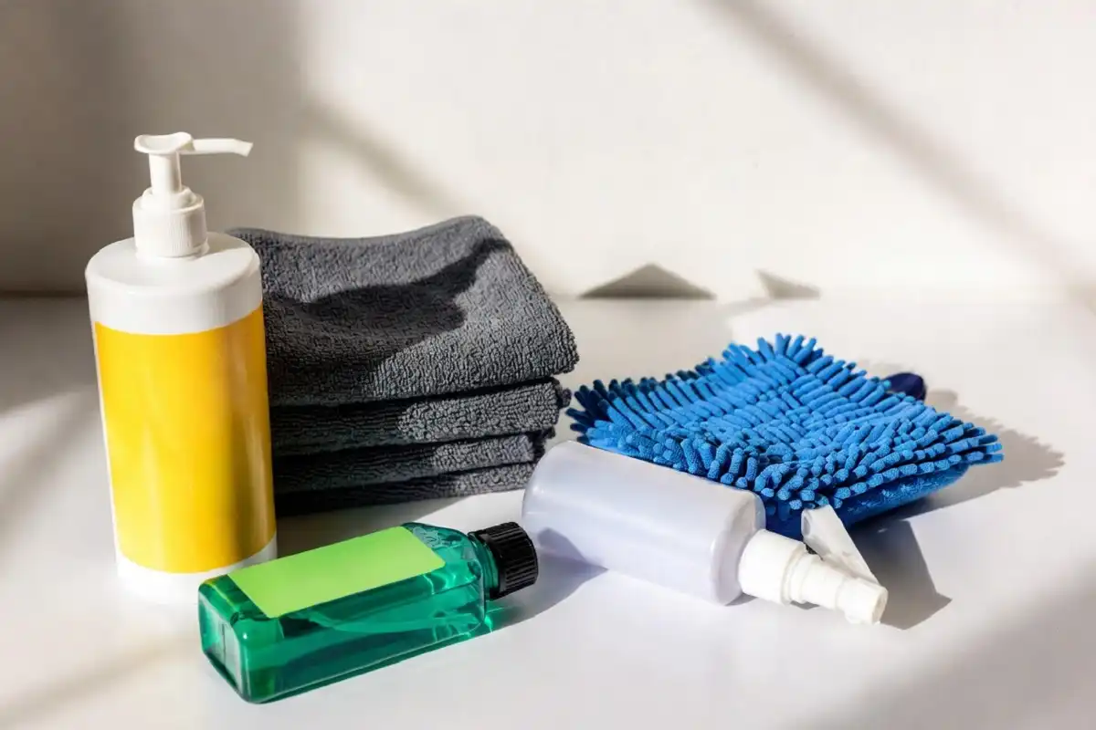 Flat-lay of best car wash products including car shampoo, microfiber towels, wash mitt, and wheel cleaner