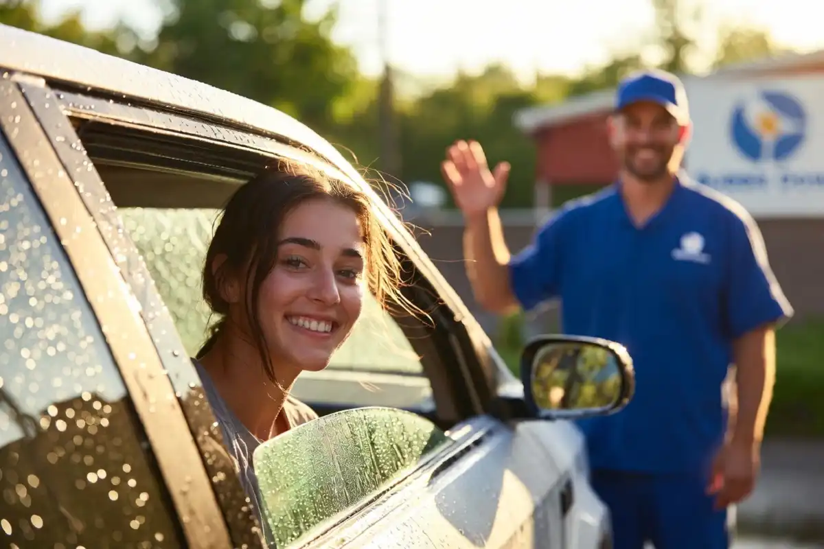 Happy driver smiling after Bubble Down Car Wash membership visit