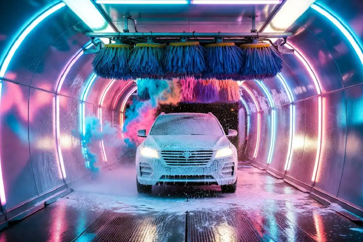 Modern Bubble Down Car Wash tunnel cleaning a white SUV