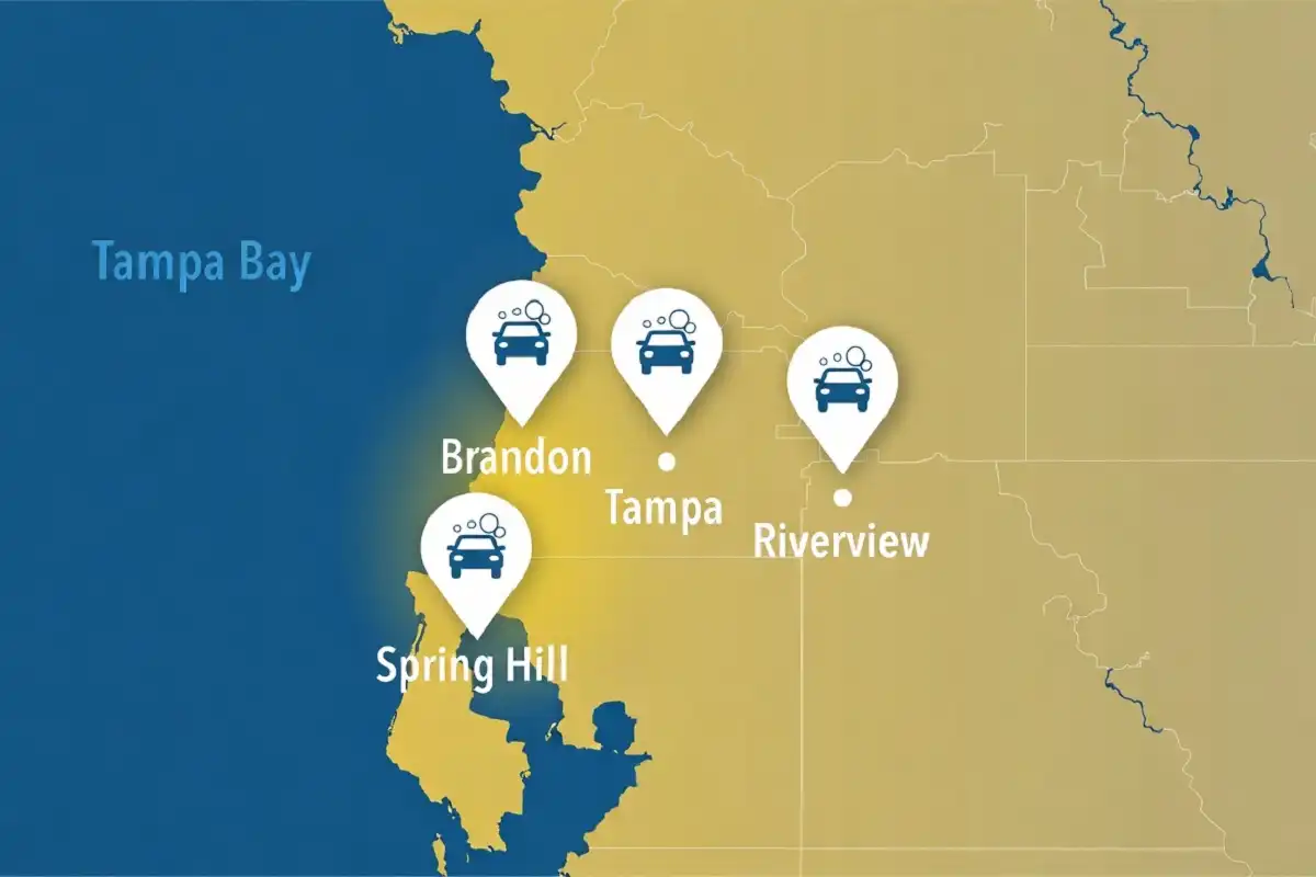 Florida map showing Bubble Down Car Wash locations across Tampa Bay