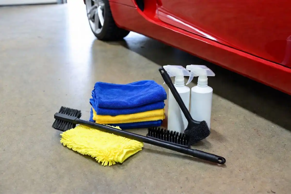 Complete car cleaning kit with microfiber towels, wash mitt, brushes, and soap bottles arranged on a garage floor