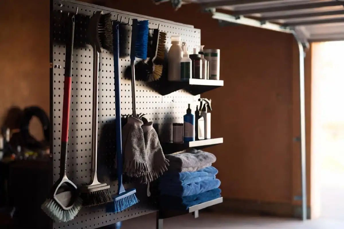 Properly stored and maintained car wash brushes in a garage