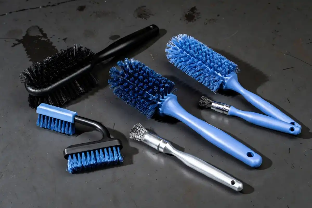 Different types of car wash brushes laid out for comparison