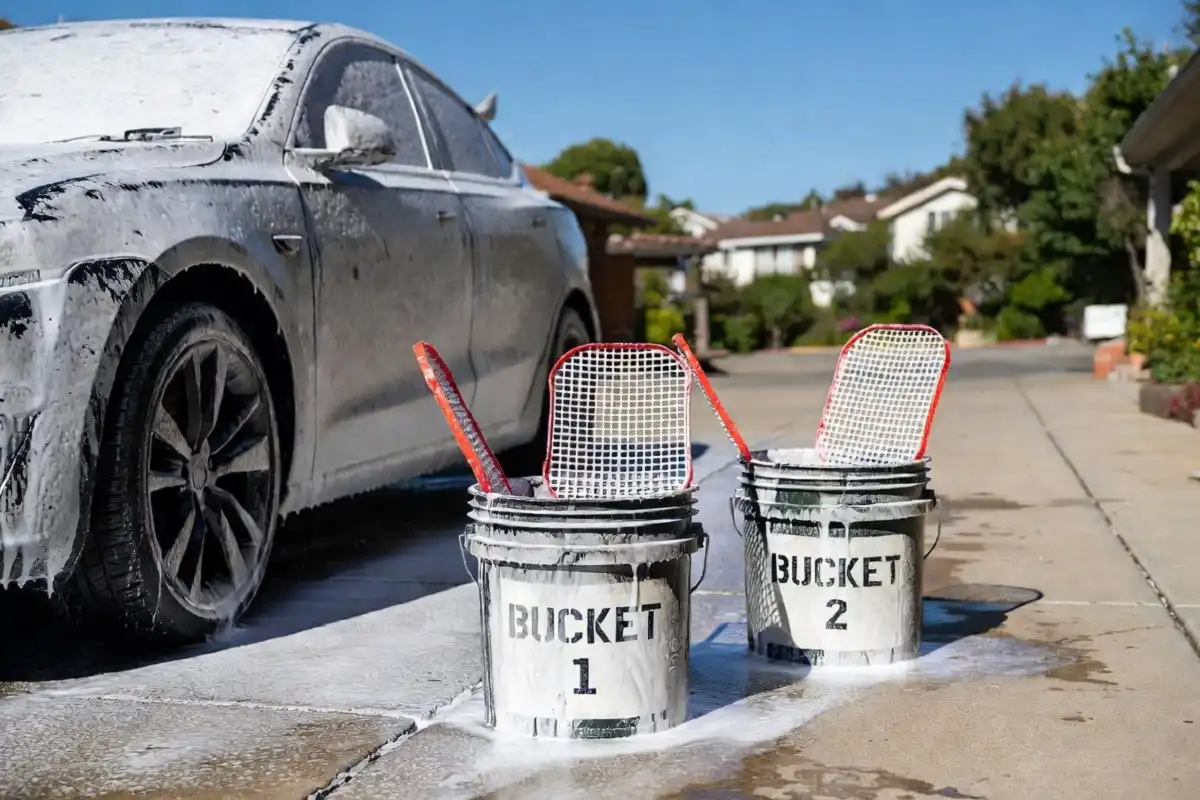 Two buckets with grit guards used for a do it yourself car wash