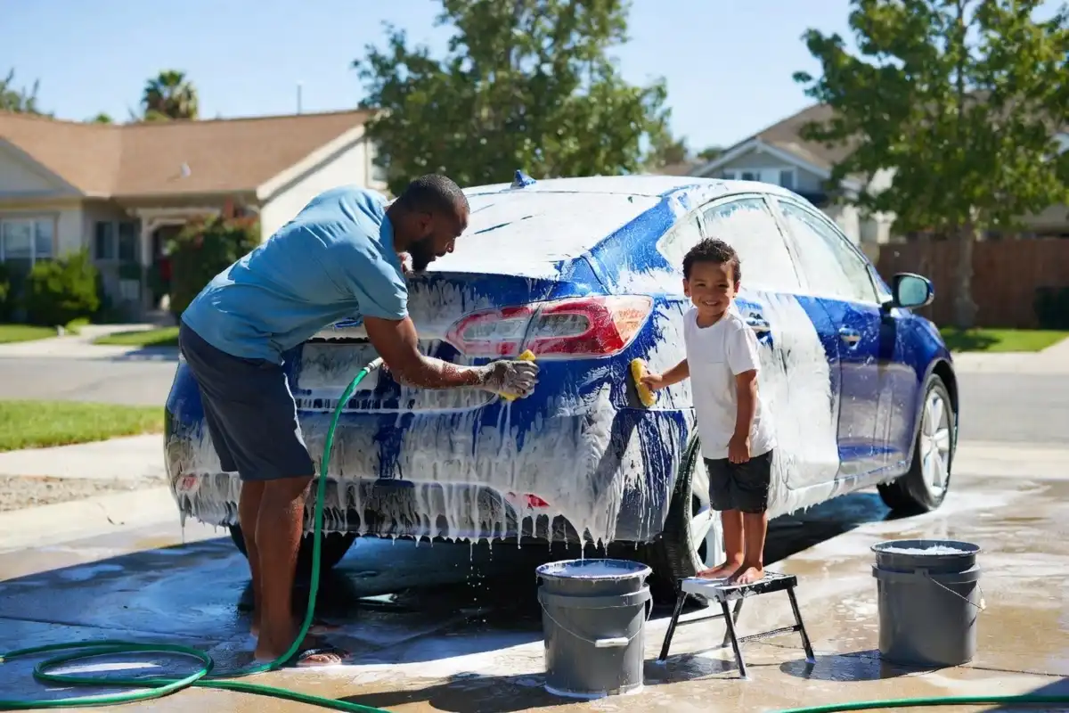 Family washing car in driveway with hose and bucket