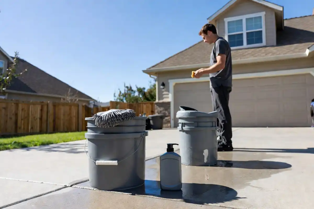Person setting up buckets and supplies for a do it yourself car wash at home