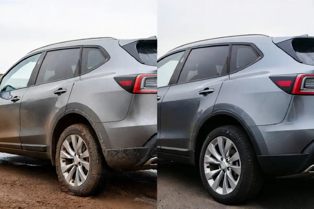 Before and after of a dirty car cleaned at a drive through car wash
