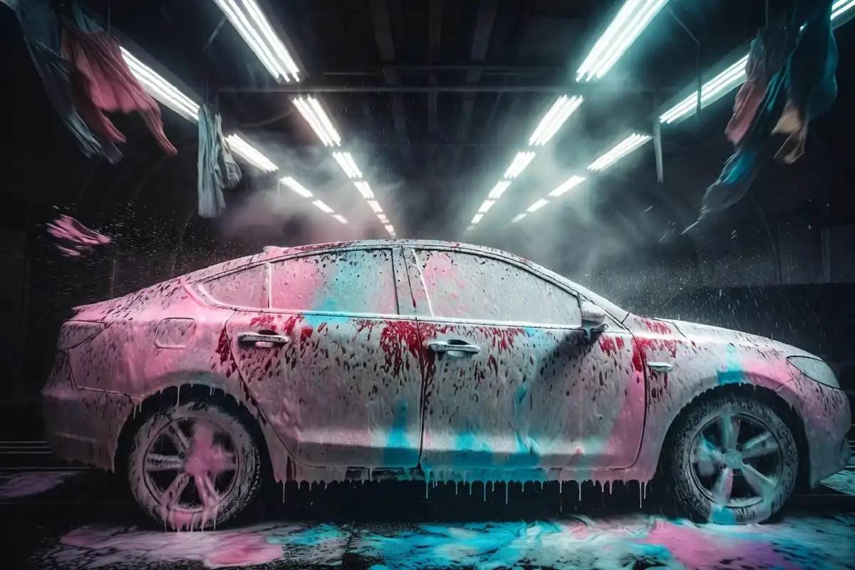 Car covered in thick foam inside a drive through car wash tunnel