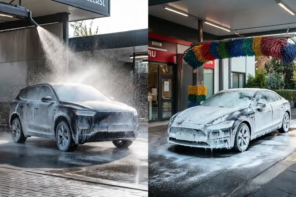Side-by-side comparison of touchless and soft-touch drive through car wash