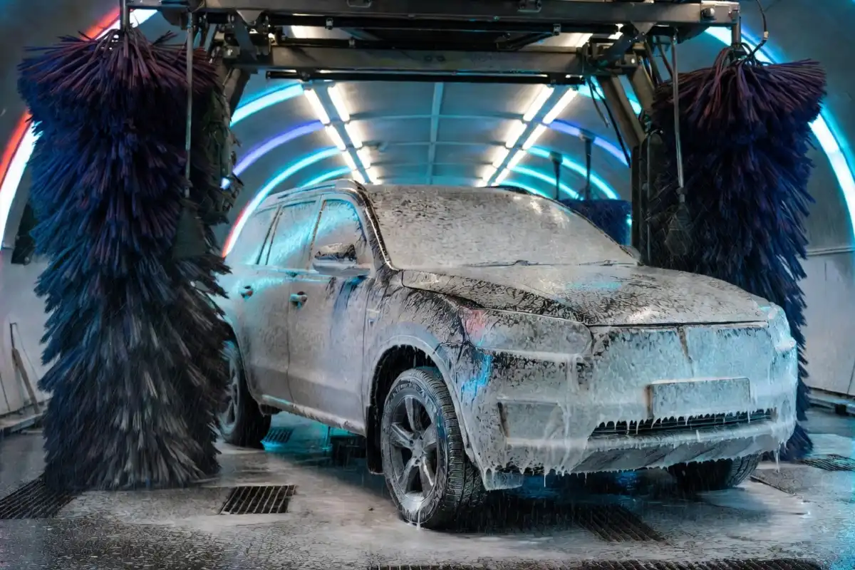 Modern automatic drive-through car wash in action