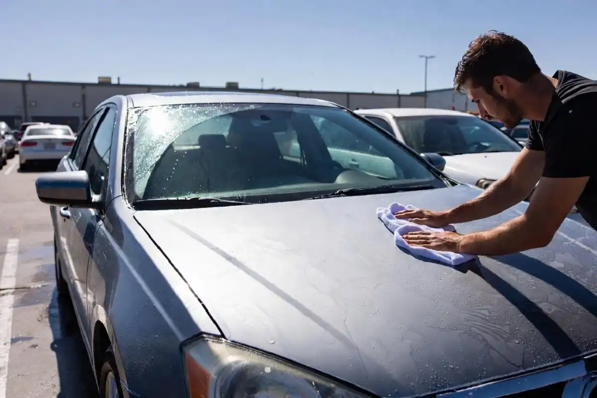 Person drying a silver car with a microfiber towel after a Moo Moo Car Wash visit