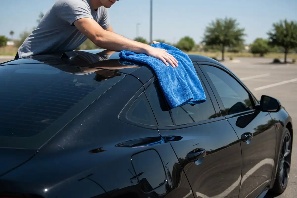 Person using a microfiber towel to dry a black car after a touch free car wash