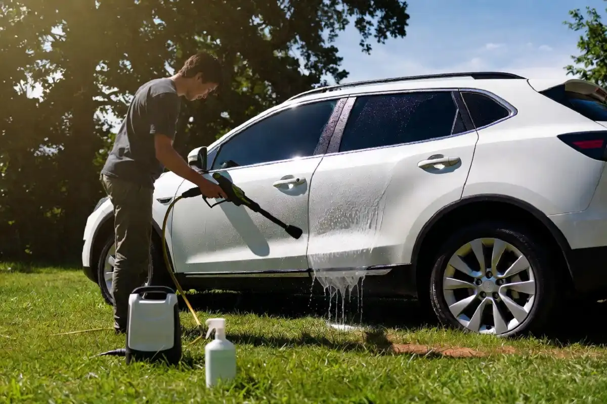 Person using a home car wash machine on a lawn with biodegradable soap for an eco-friendly wash