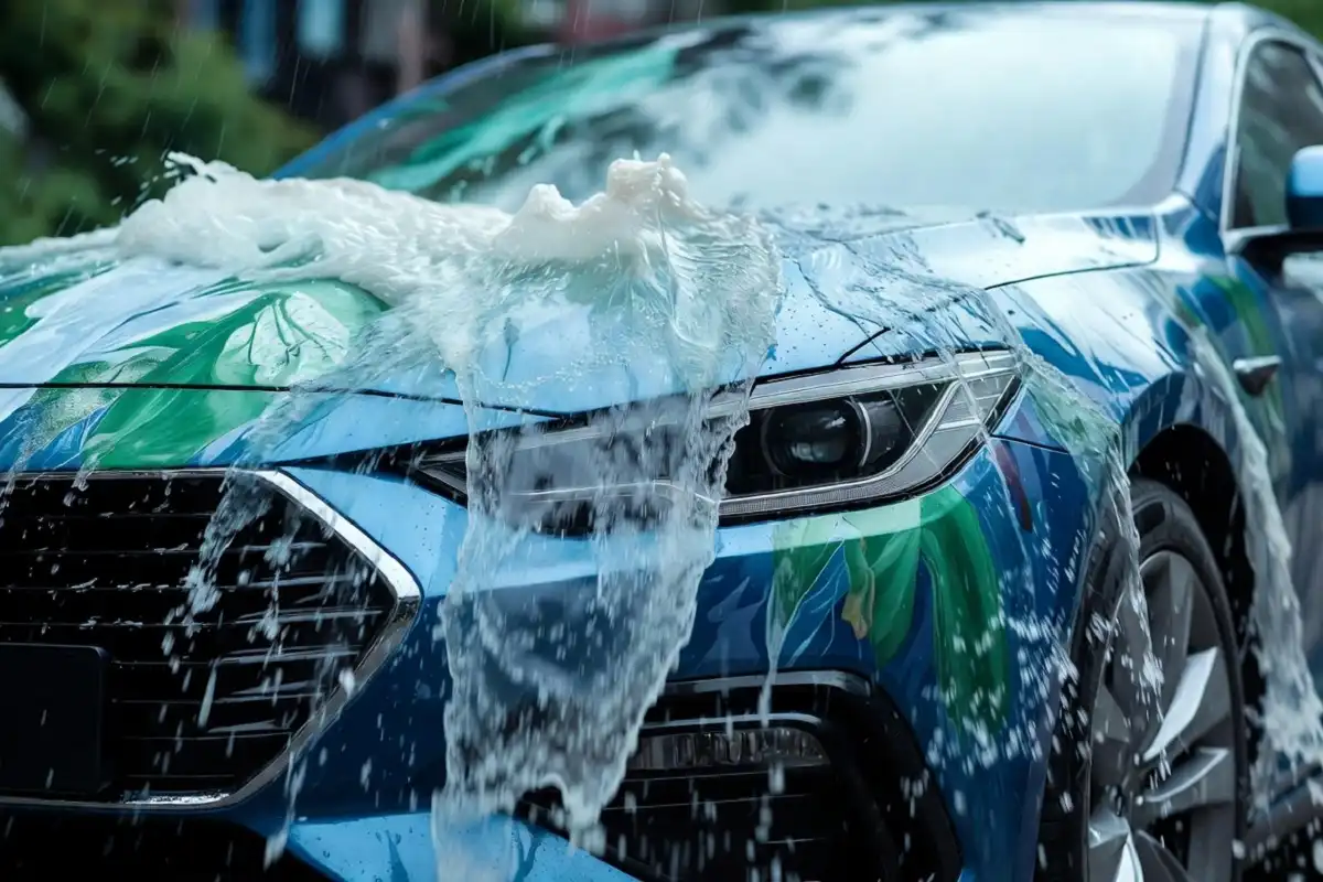 Water cascading off a freshly cleaned car at an eco-friendly express car wash