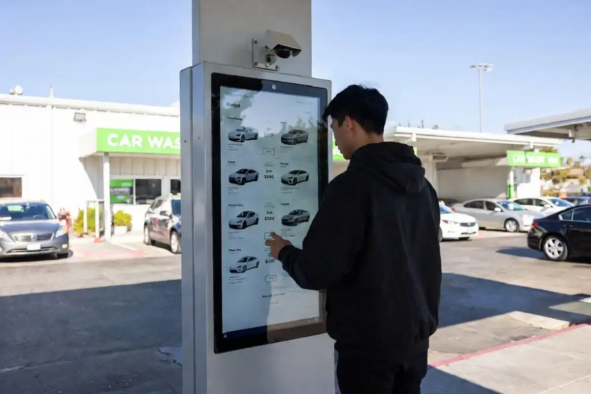 A driver choosing a wash package at an express car wash kiosk