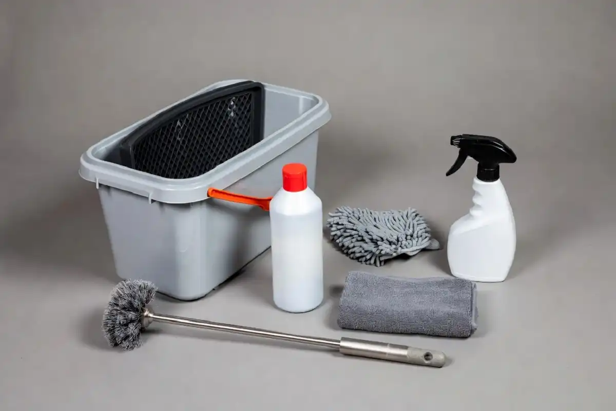 Hand car wash tools including microfiber cloths, wash mitt, car shampoo, and buckets laid out on a clean surface