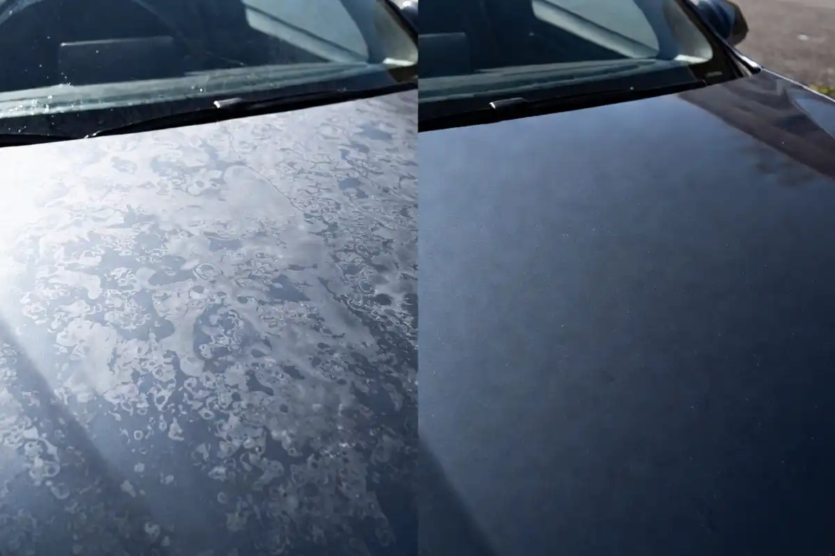 Before and after comparison of car hood with hard water spots removed using vinegar car wash soap