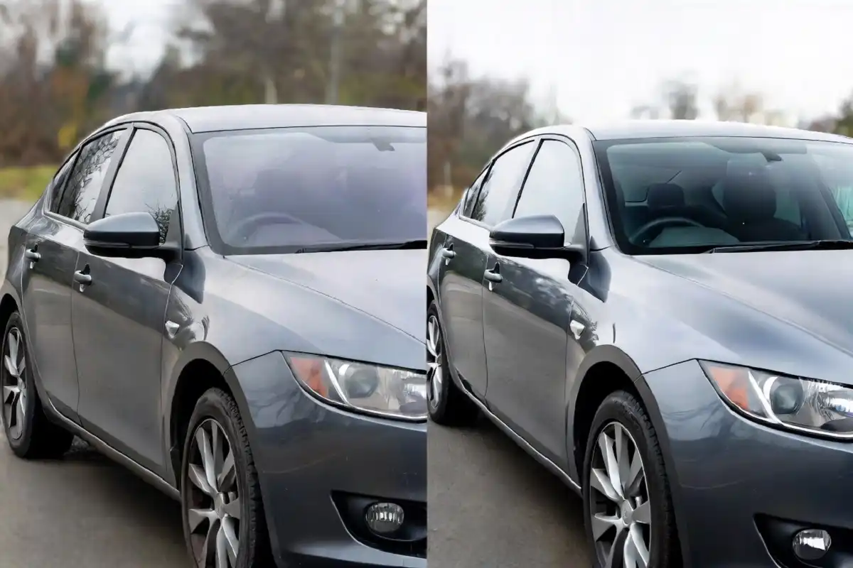 Before and after comparison of a dirty and clean car after using a car wash machine for home