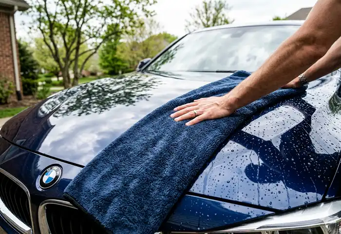 Person drying car with microfiber towel after home made car wash