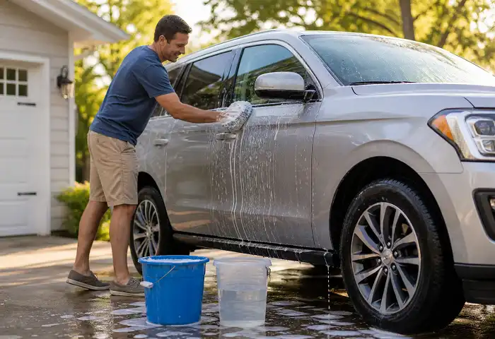 Person doing a home made car wash in driveway with bucket and microfiber mitt
