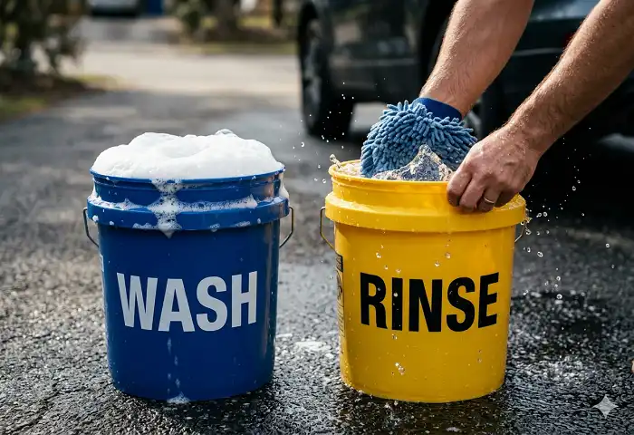Two bucket car wash method with rinse and soapy water buckets side by side