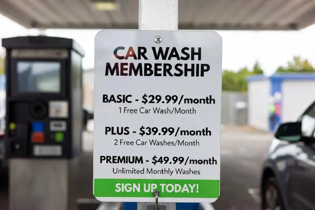 Jax Car Wash membership pricing board at the pay station showing monthly subscription tiers