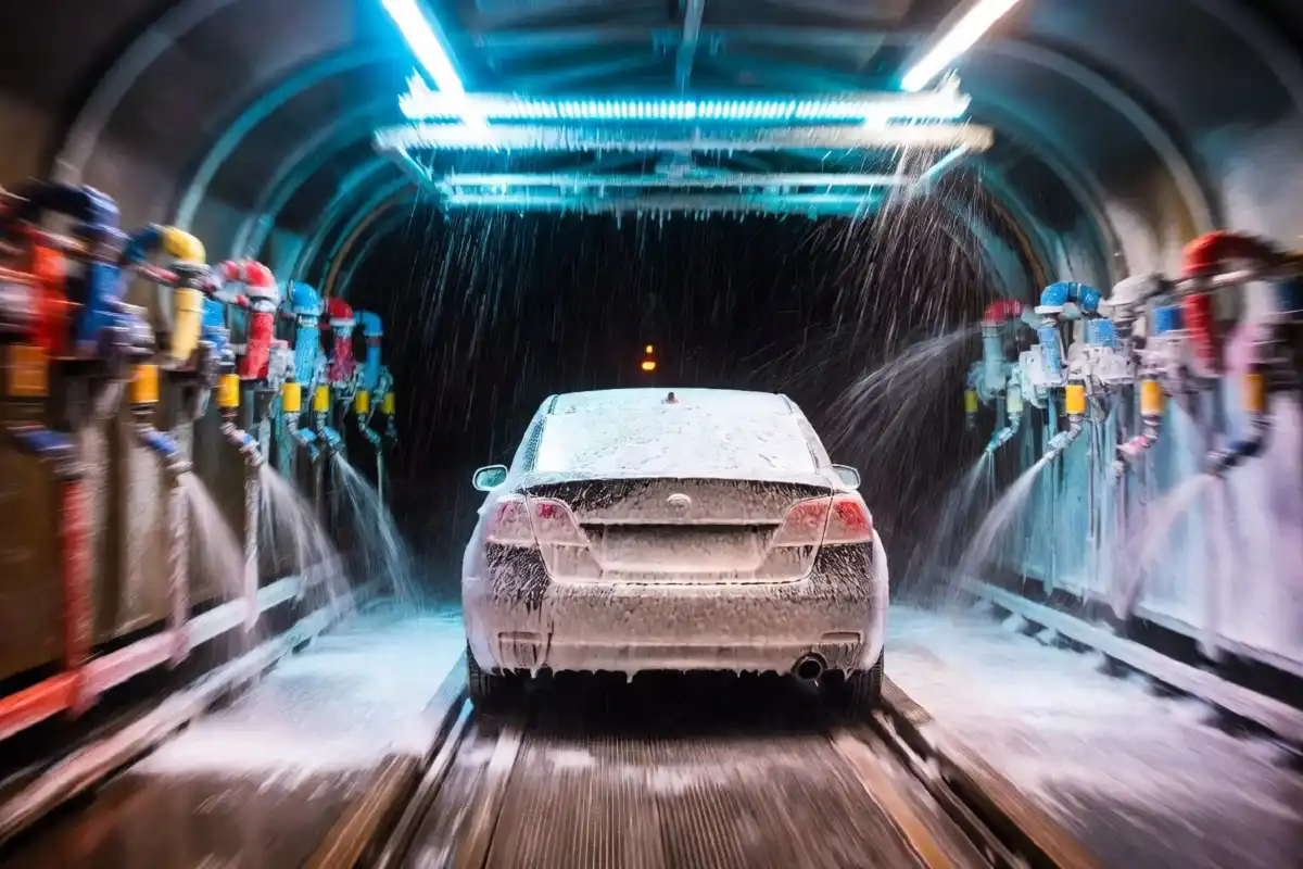Interior of a Jax Car Wash tunnel with foam applicators and water jets cleaning a vehicle
