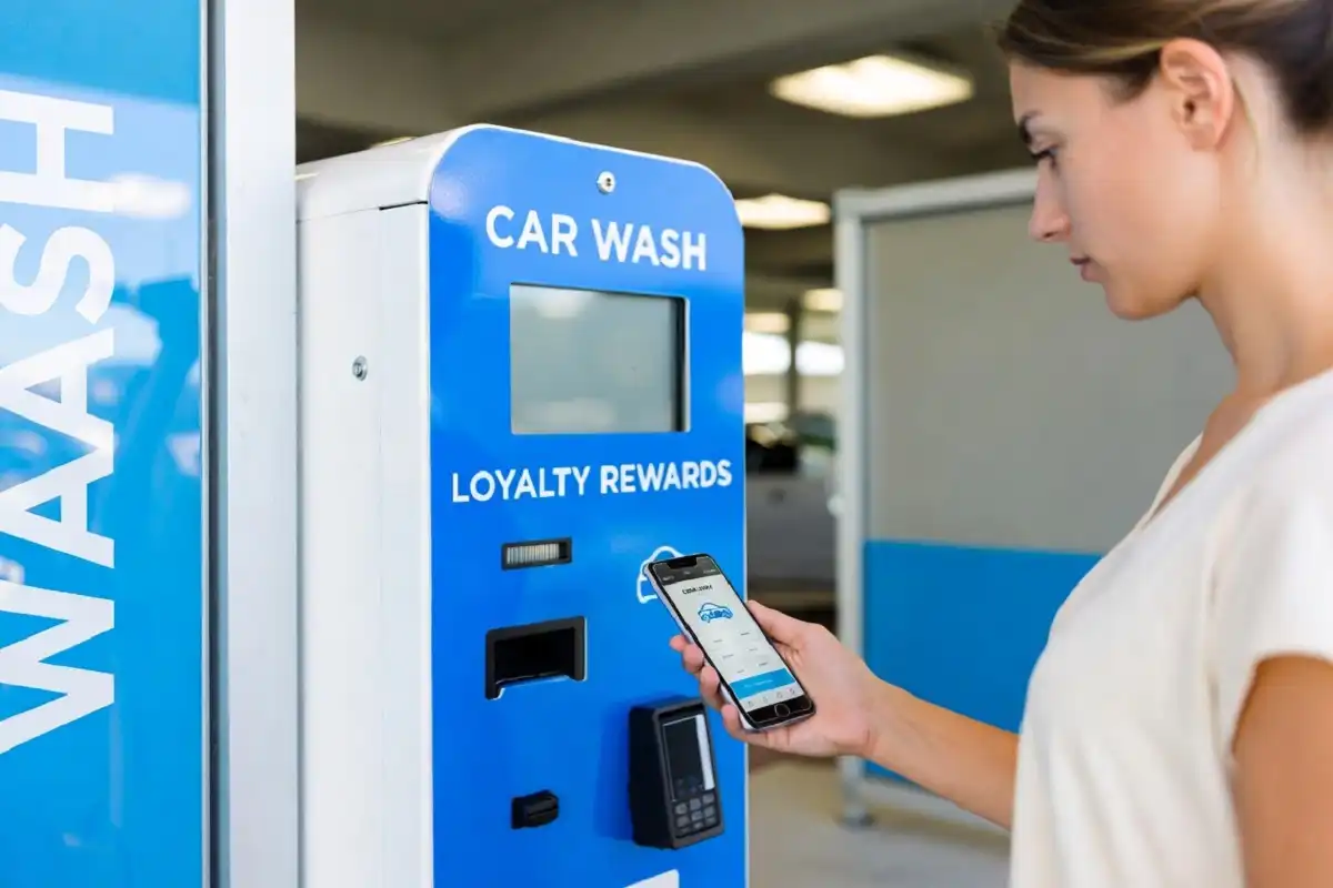 Customer scanning loyalty app at a car wash entrance