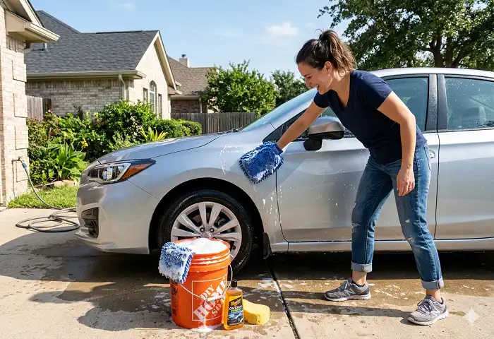 Person making car wash soap at home and washing car with bucket