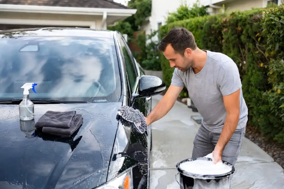 Man using car cleaning kit to wash a black SUV in driveway