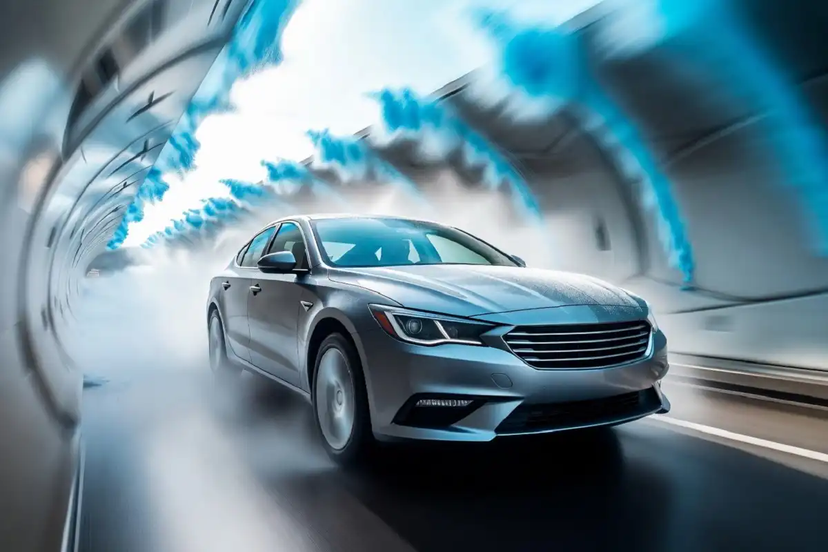 Car entering a Mr Car Wash express tunnel
