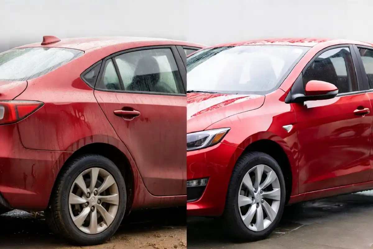 Before and after comparison of a car cleaned at a self wash car wash