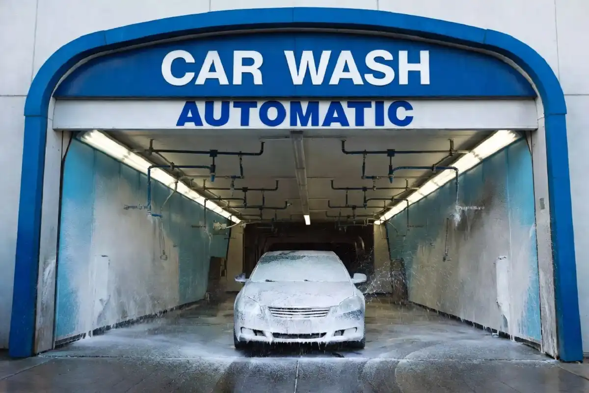 Exterior view of a Shiny Shell Car Wash tunnel entrance