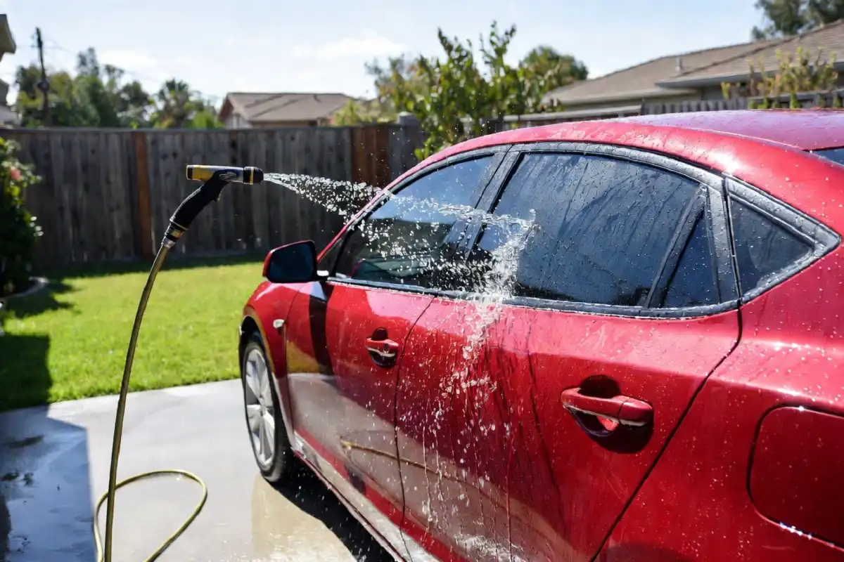 Car being rinsed with a hose during the final stage of a sparkling image car wash
