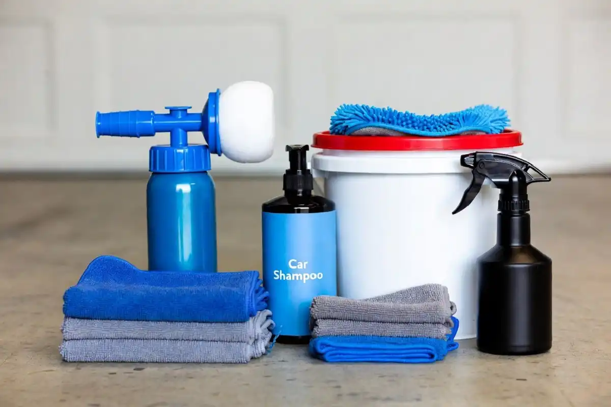 Car wash supplies including microfiber towels, foam cannon, and wash mitt on a table