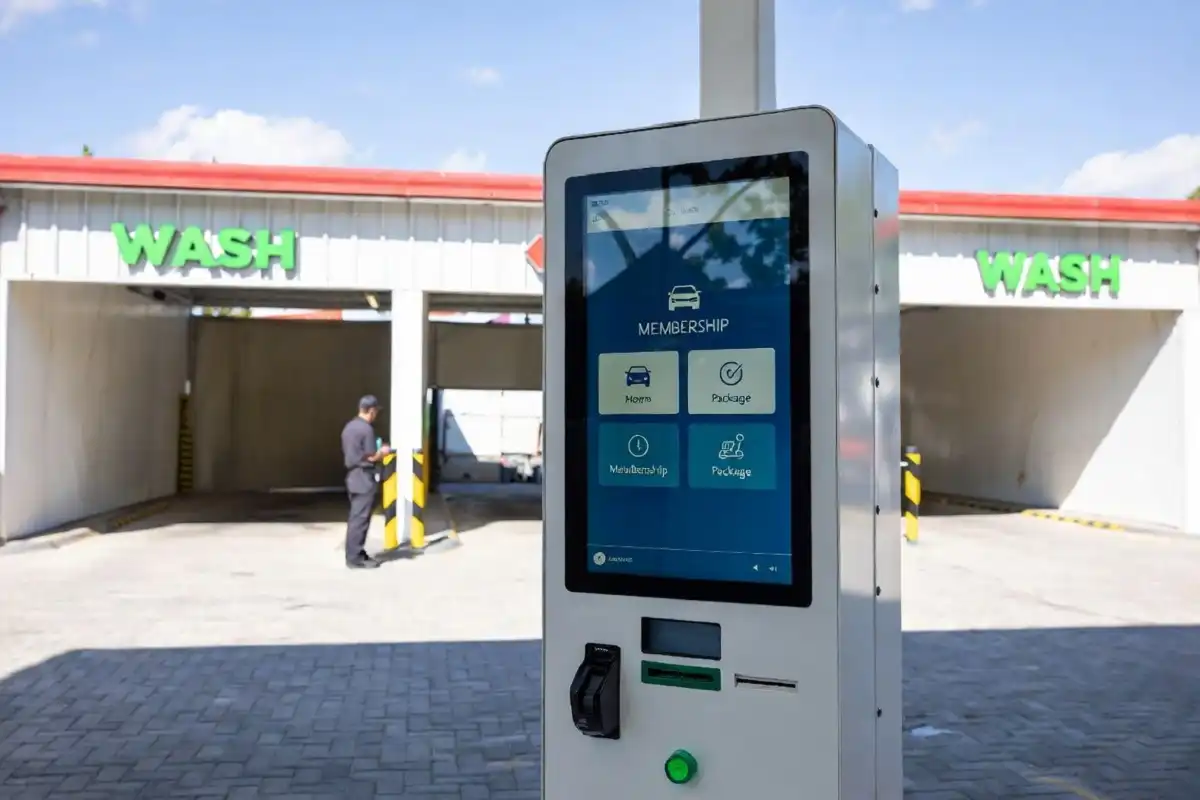 Self-service payment kiosk at a splash car wash facility