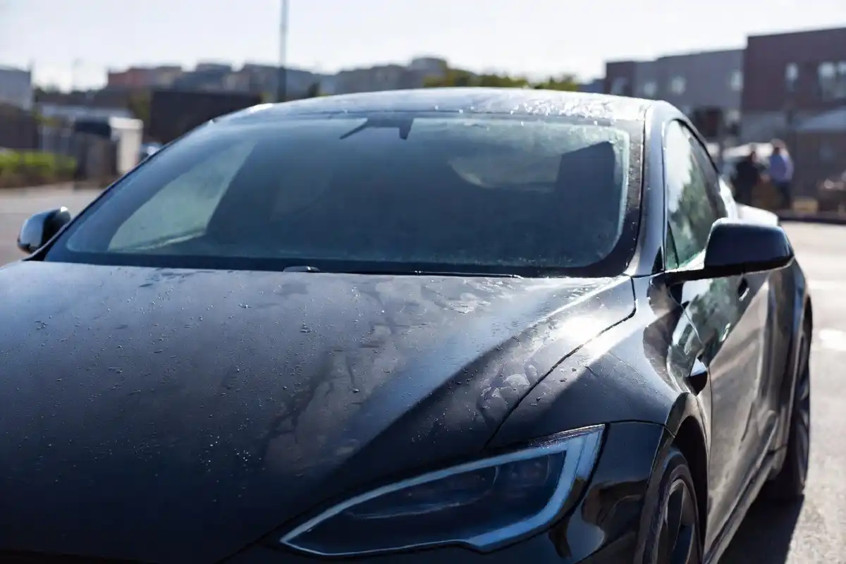 Tesla parked and clean after going through a car wash