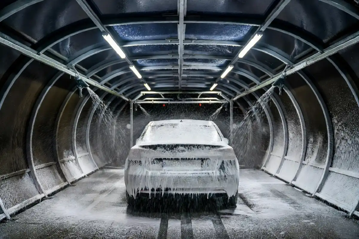 High-pressure jets cleaning a car in a touch free car wash tunnel