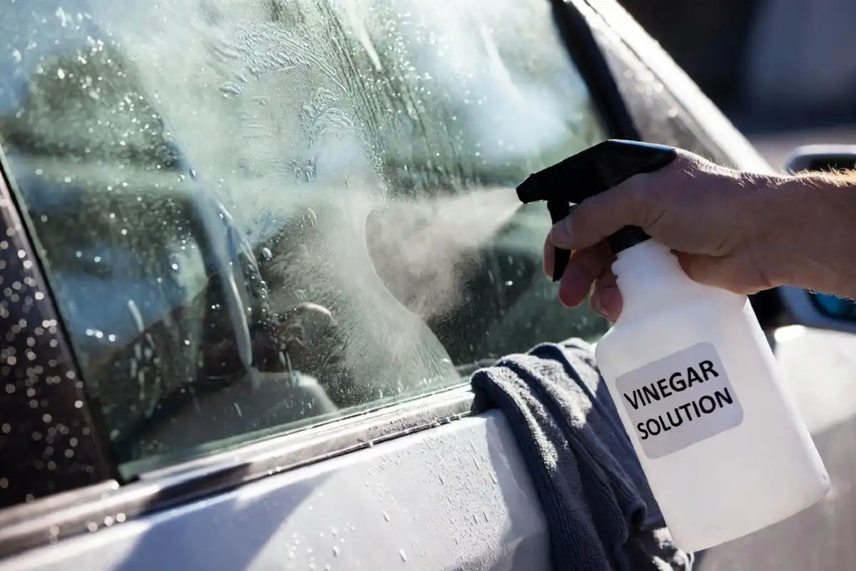 Spray bottle with vinegar solution being used to remove hard water spots from car window