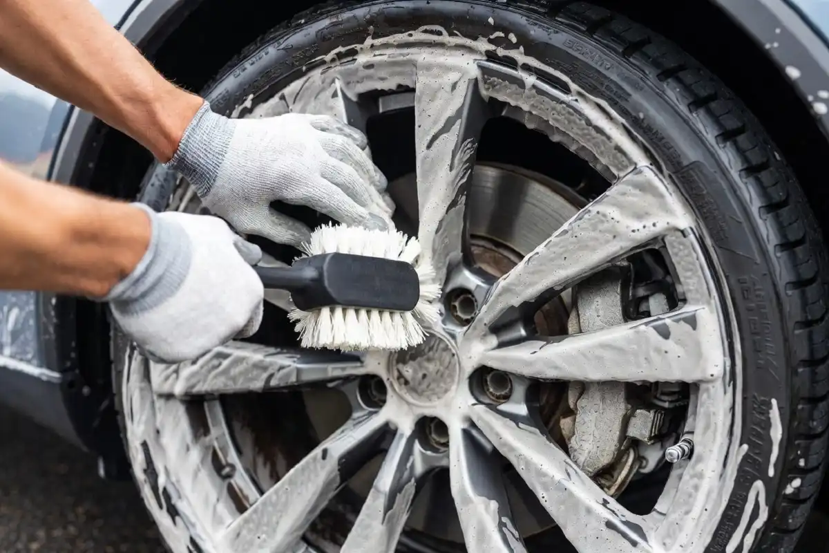Person scrubbing a silver alloy wheel with a wheel brush and tire cleaner foam