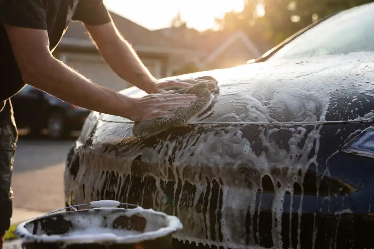 Person washing black car with microfiber mitt using homemade car wash soap vinegar solution