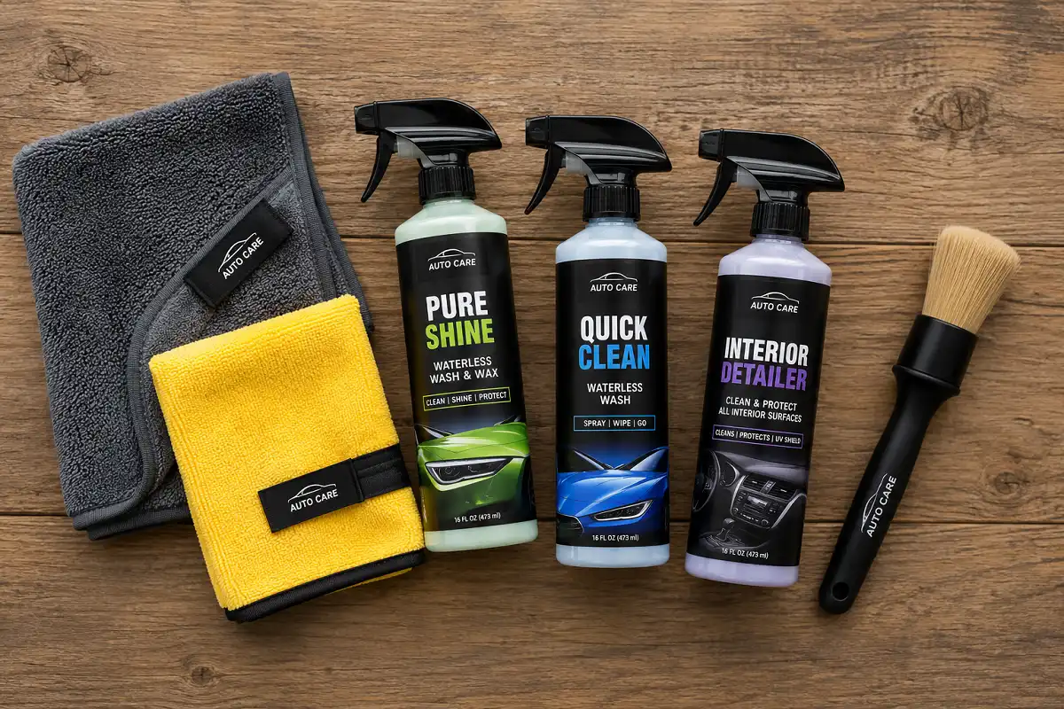Selection of waterless car wash spray bottles and microfiber cloths on a table