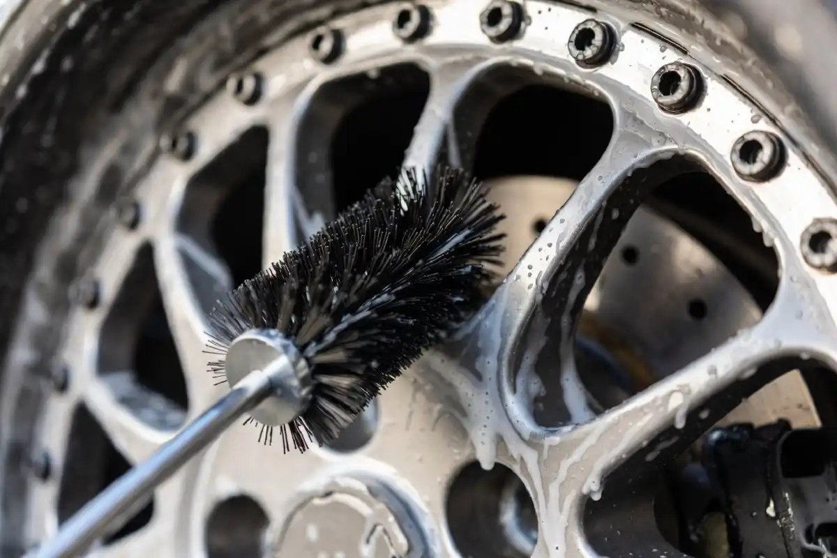 Dedicated wheel brush cleaning alloy rim during a car wash
